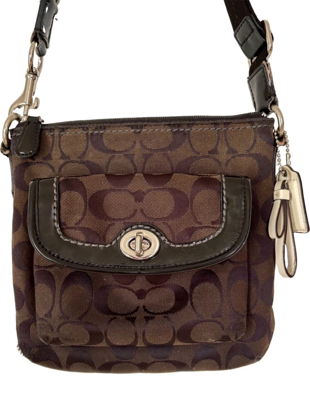 COACH Y2K BLK/BROWN Signature Monogram Canvas Patent LTR Turnlock Xbody SwingBag